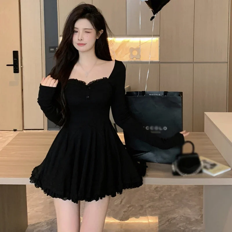 Autumn Women Square Collar Korean Dress Short French Style Long Sleeve Collarbone Exposed Slim Dresses