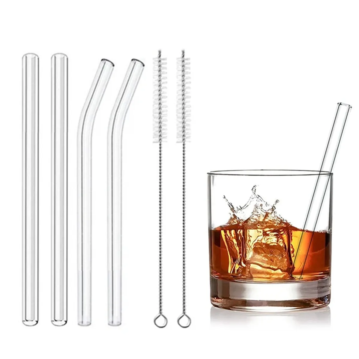 4 Pieces/Set 16cm Short Glass Straws Come with 2 Cleaning Brushes, Environmentally Friendly and Reusable Dessert Smoothie Milkshake Straws, Cocktail Whiskey Beer Straws Bar Accessories, Mini Eggshell Cups, Thermos Cups, Water Cups and Straws