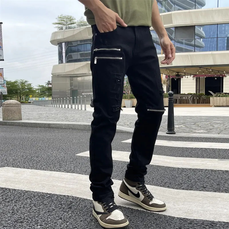 Y2K fashion men's jeans stretch slim fit patchwork designer bicycle black jeans men's zipper designer hip-hop denim punk pant