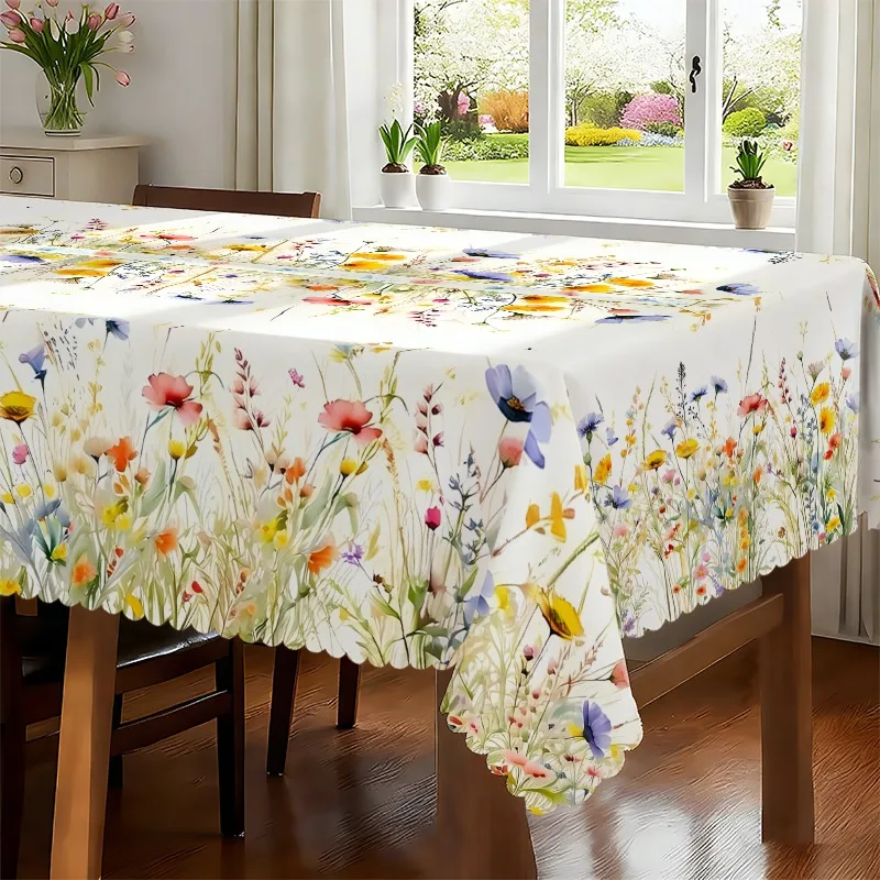1pc Rectangular Tablecloth Spring Watercolor Floral Rectangular Tablecloth - Made of Polyester, Featuring Vibrant Flower Patterns, Durable And Easy to Clean, Suitable for Standard Dining Table Home Decor, Elegantly Designed in a Natural Style