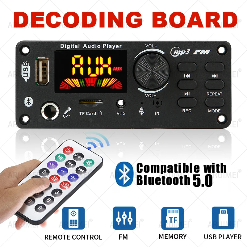 Bluetooth 5.0 MP3 WMA WAV Decoder Board 12V Handsfree 6.5mm Microphone USB TF FM Car Audio Music Player Speaker Volume Control