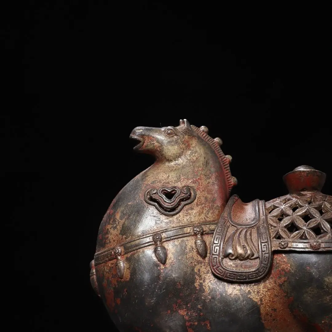 Antique Tang Fat Horse Incense Burner Openwork Lattice Carved Lid Metal Censer Decorative Ornament for Home Collection