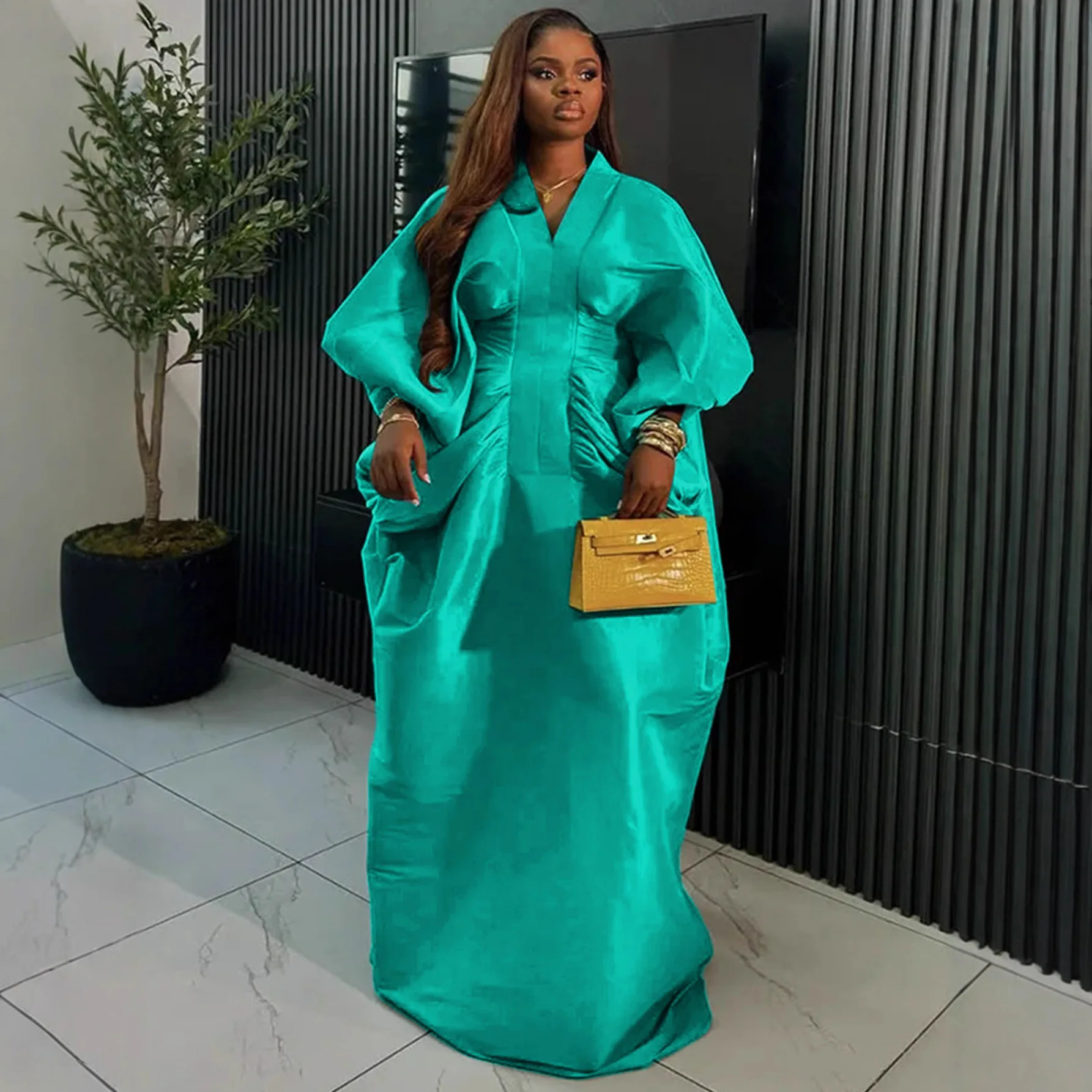 Loose V-neck Bat Long Sleeve Dress Pleated Waist Stylish Party Long Gown New Fashion Women's Clothing