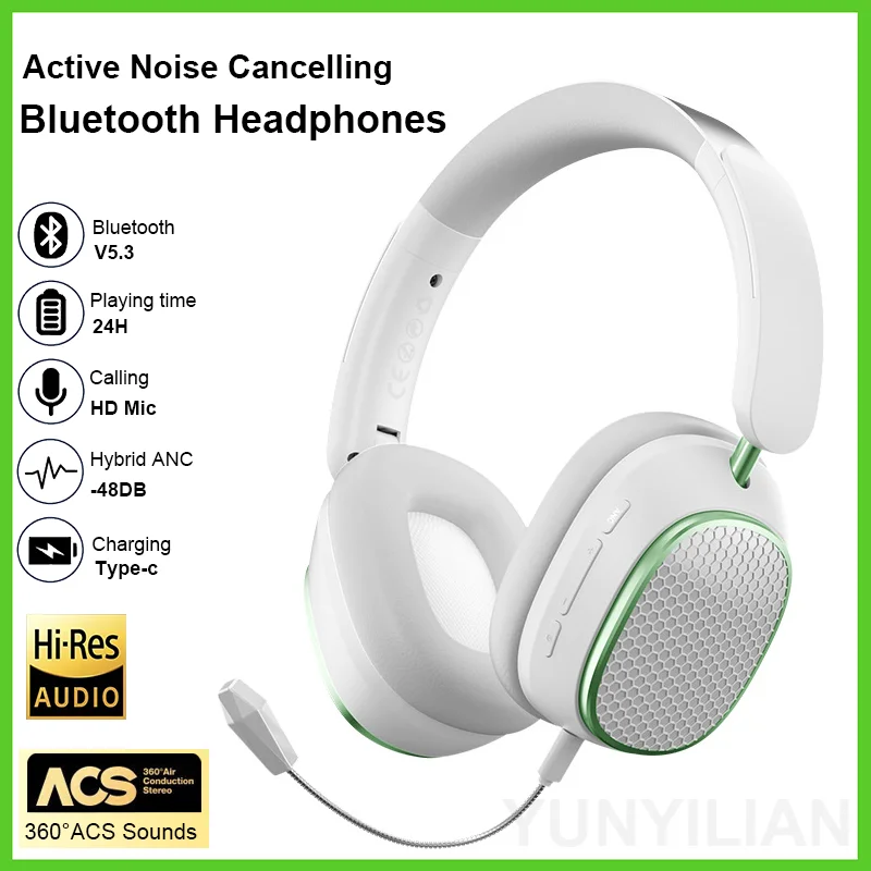 YYL Y12 Pro ANC Wireless Headphones Active Noise Cancelling -48dB ANC HIFI Bluetooth Headset ENC HD Mic Low-Latency Earphones