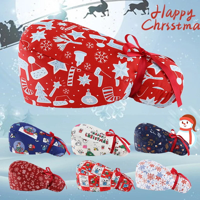 Christmas Reindeer Medical Scrub Caps Unisex Surgical Hats Cotton Tieback Long Hair Hospital Doctor Dentist Caps Halloween C40