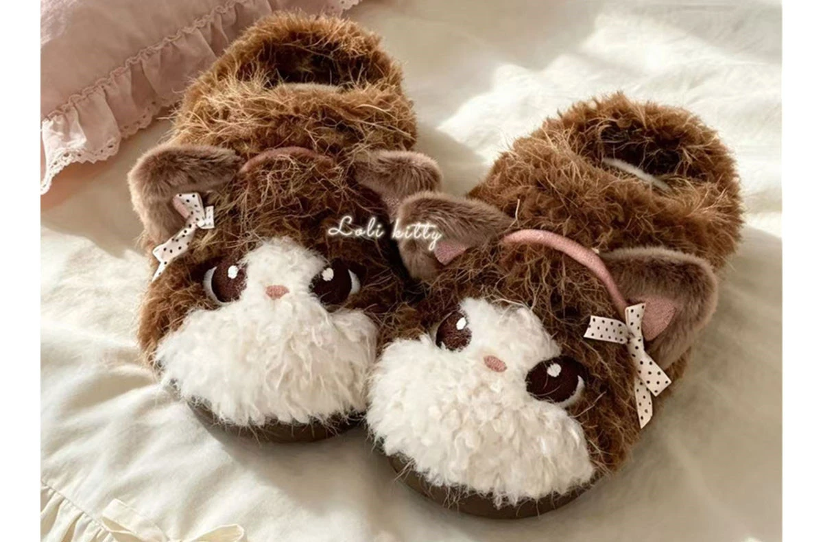 Neue Mädchenhafte Cartoon-Katzen-Hausschuhe für Damen, Flauschige Plüsch-Polka-Dot-Schleifensandalen, Kawaii Große Augen Kätzchen Warme Hausschuhe – Detail 9