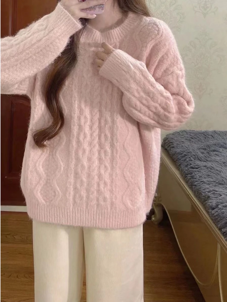 เสื้อสเวตเตอร์ถักไหมพรมสีชมพูอ่อนสำหรับผู้หญิง เสื้อคลุมฤดูใบไม้ร่วงฤดูหนาว สไตล์เกาหลีใหม่ ดีไซน์เก๋ไก๋ สวมใส่สบาย คุณภาพสูง