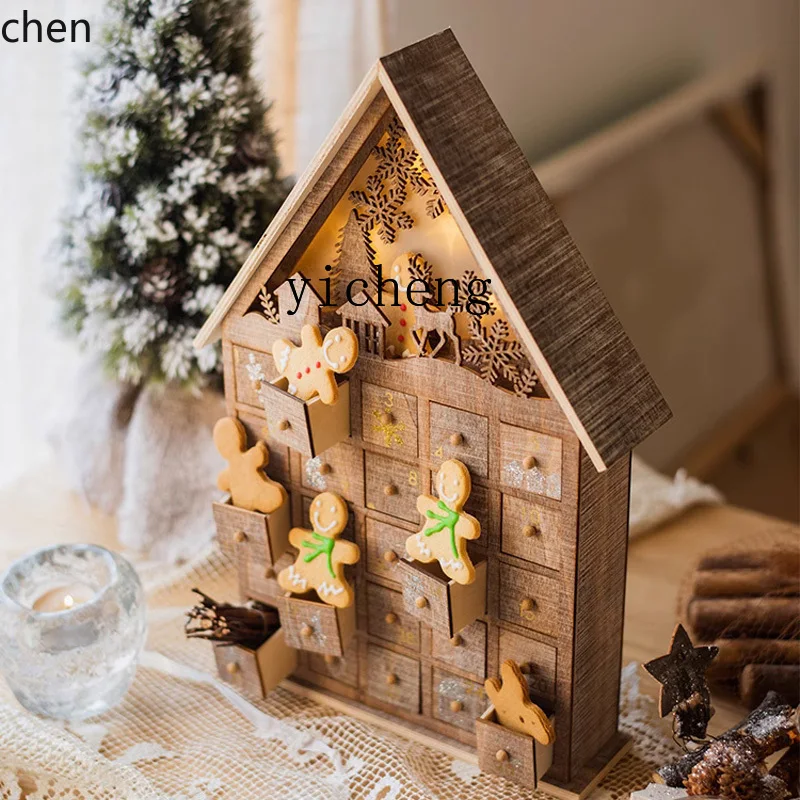 

HXL Christmas Ornaments Calendar Gift Box Countdown Luminous Wooden Cabin Tabletop Ornament Home Creative Cabin