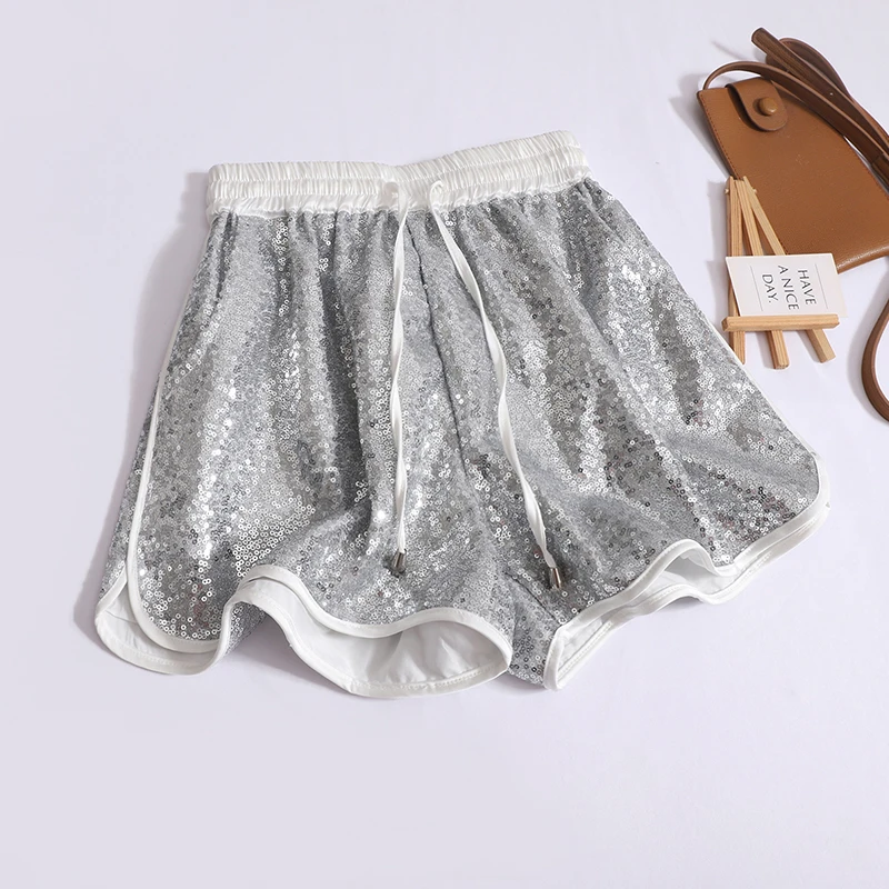 Gagarich Pailletten Mode stilvolle elastische hoch taillierte schlanke Shorts Frauen Sommer neue Luxus Temperament vielseitige Hose mit weitem Bein