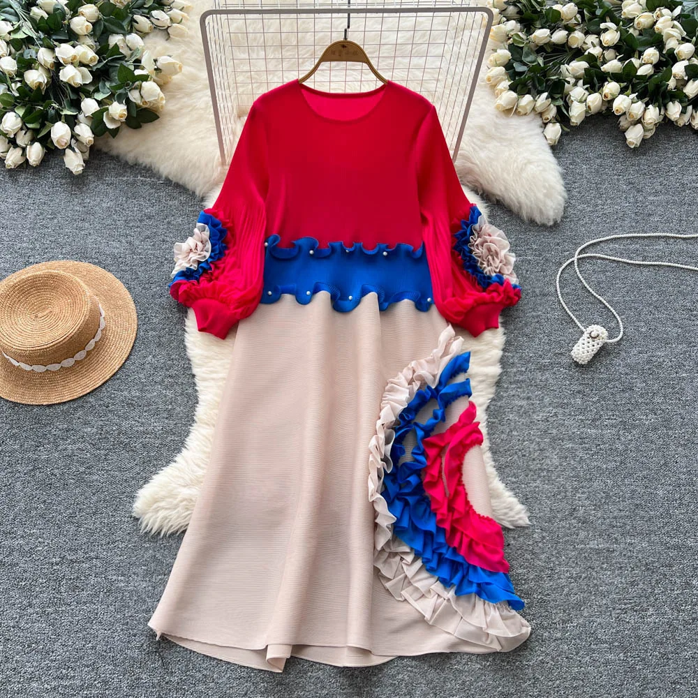 

2025 Holiday Beaded Three-dimensional Flower Midi Dress Women Round Neck Loose Pleated Lantern Sleeve Long Dress Casual Beach