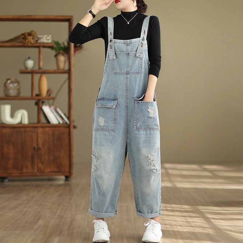 Aricaca Casual Loose M-2XL Jeans Jumpsuits Women Light Blue Dungarees Straps Pants Denim Overalls