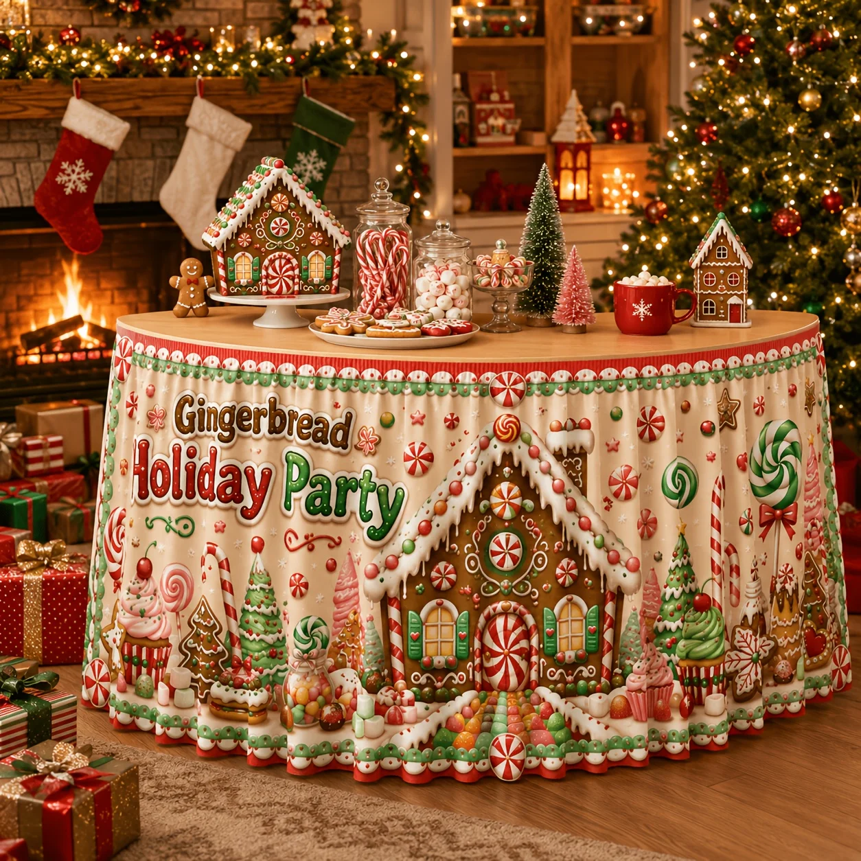 1 tablecloth table skirt, Christmas gingerbread house, candy canes, cupcakes, pops, cookies, holiday border print