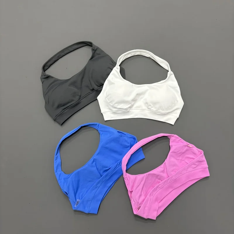 HISTELLO Seamless Halter Neck Sports Bra Women Open Back High Support Padded Top Pilates Yoga Fitness Gym Workout Wear