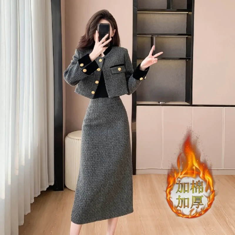 

2 Piece Winter Fall Women Patchwork Grey High Waisted Padded Tweed Coat Set , Woman Office Lady Korean Style Skirt Sets