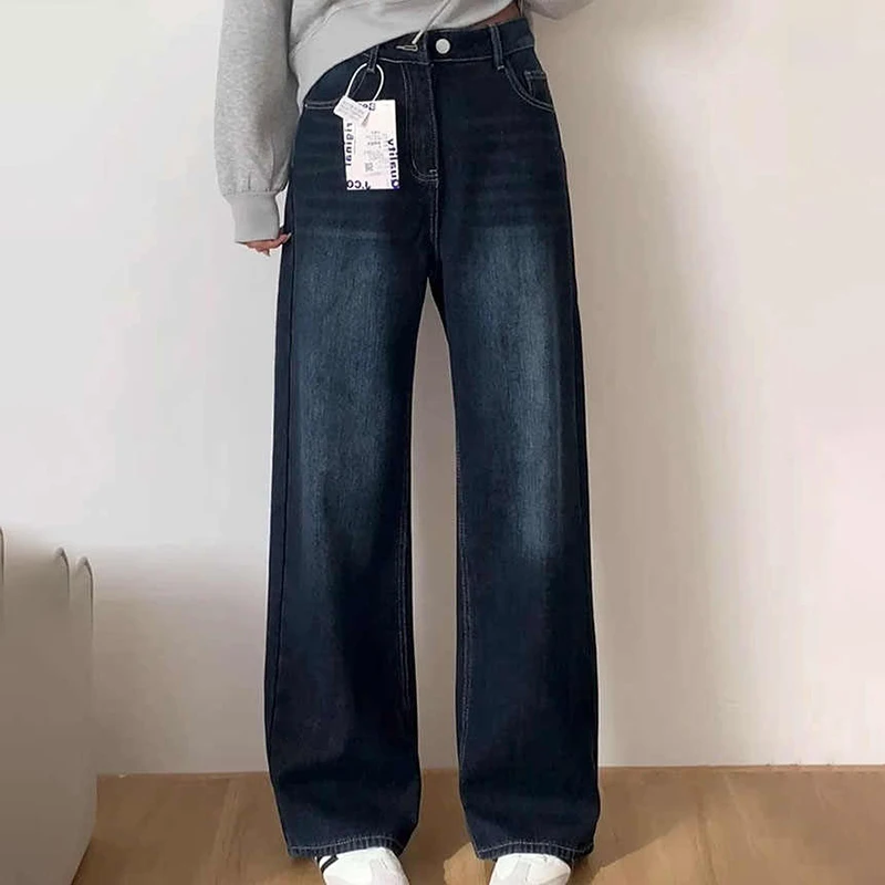 

Blue Gray Straight Denim Pants for Women Summer New High Waist Loose Wide Leg Trousers Street Wear Lady Washed Jeans