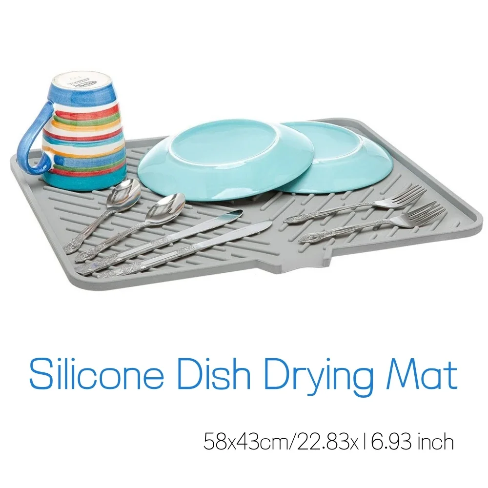 

Silicone Dish Drying Mat with Built-in Drain Lip, Non-Slip & Heat Resistant Tray, Large Drainer Mat for Kitchen Counter, 58x43cm