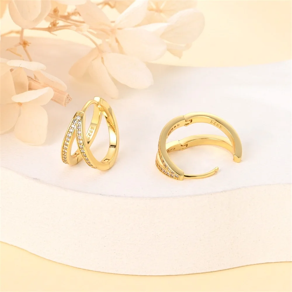 Unique 925 Sterling Silver Set Pavé Double Round K Gold Earrings For Women\'s Birthday Exquisite Jewelry Gift