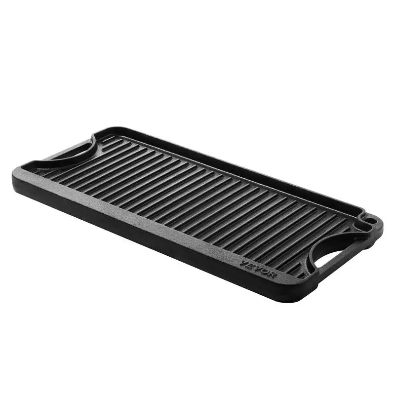 Wendbare Gusseisen-Grillplatte, 492x218 mm, vorbehandelte tragbare Grillplatte mit Griff, Grillpfanne für Innen-/Außenherd, Gas, Camping-Grill, Schwarz
