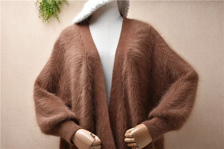 Female Women Fall Winter Thick Warm Mink Cashmere Knitted Long Lantern Sleeves Loose Cardigan Mantle Angora Fur Coat Sweater