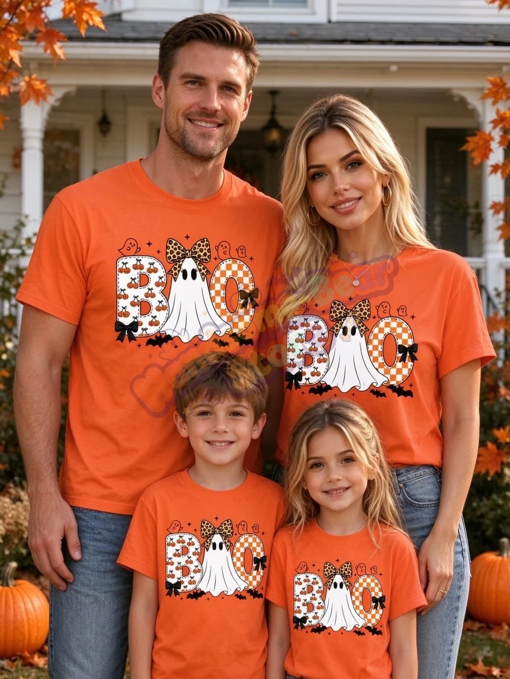 Men's Family Wear Cute Ghost Halloween T-Shirt Pumpkin Bow Spooky Season Fall Print Tee Tops Women Vacation Gifts Child T-Shirt