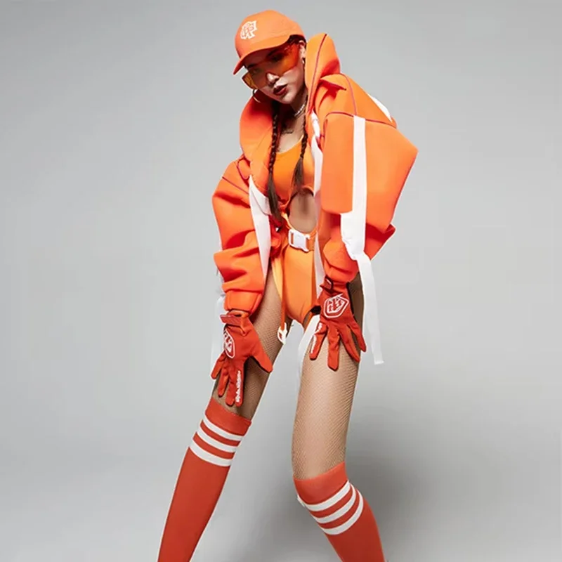 بدلة رقص الجاز الهيب هوب ملهى ليلي Dj Ds ملابس عرض الحفلات الهذيان الزي سترة برتقالية بدلة راقصة مثيرة من Gogo