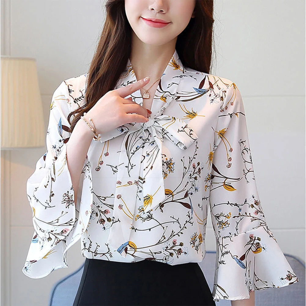 

Новая женская блузка из шифона с цветочным принтом и бантом, с рукавами три четверти, расклешенными рукавами и короткими рукавами, весна-лето