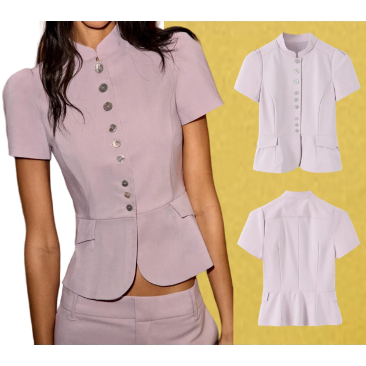 

2026 Summer New Women's Top, Versatile, Mandarin Collar with Button Details, Short Sleeves, Stylish Design, Purple