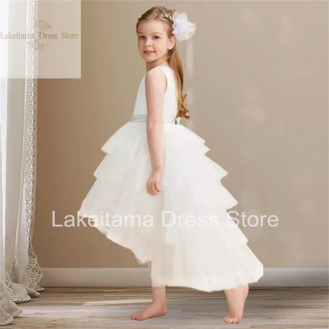 White Flower Girl Dress Sleeveless Kids Birthday Party Beauty Pageant First Communion Elegant Dress Suitable For 1-14 Years