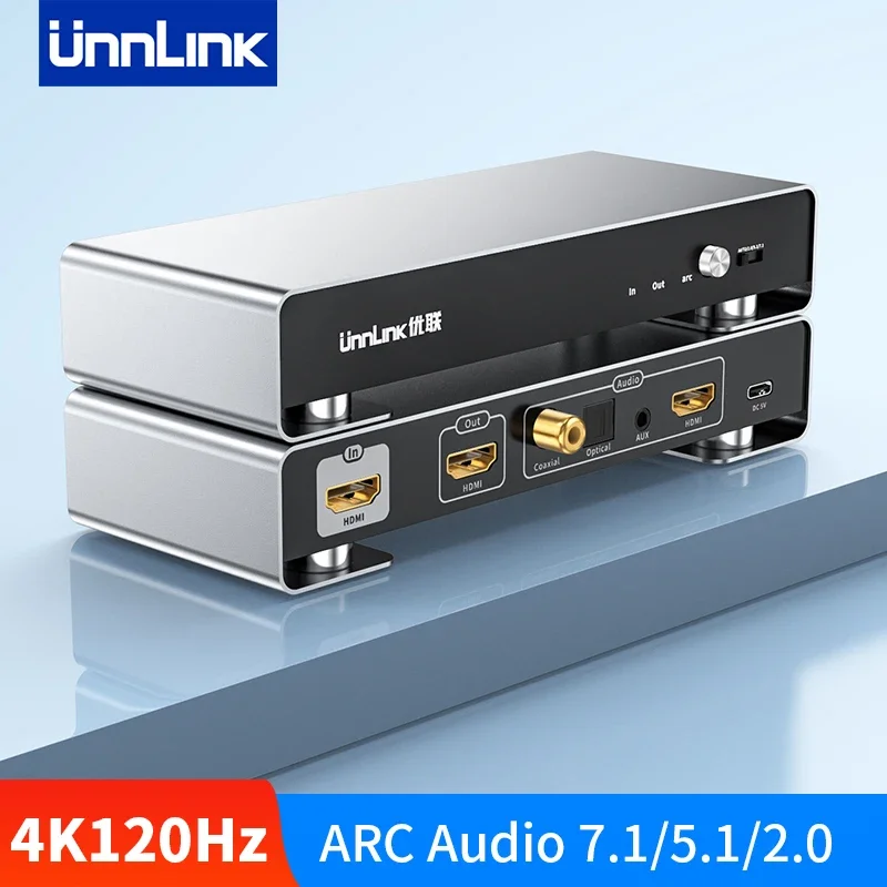 Unnlink 4K 120Hz HDMI ARC Audio Extractor with HDMI 7.1 Optical Coaxial 5.1 3.5mm Aux 2.0 for PS5/4 Set Top Box to TV Amplifier