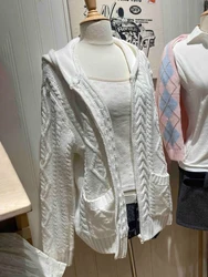 White Twisted Flower Hooded Cardigan Women Long Sleeve Zipper Pocket Knitted Outerwear 2025 Spring Casual Fashion Sweater New