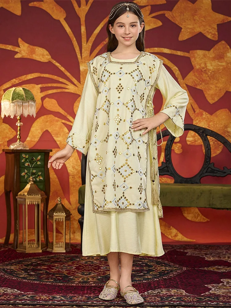 

2025 мусульманский детский кафтан с вышивкой для девочек, Абая, Марокко, исламская детская одежда, свободный платье-кафтан Джалабия в арабском стиле для девочек