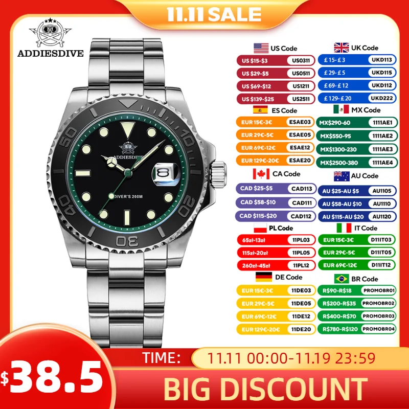 Addiesdive นาฬิกาดำน้ำสำหรับผู้ชาย, นาฬิกาควอทซ์หรูหรา41มม. ตัวเรือนสแตนเลสสตีลกันน้ำลึก200ม. นาฬิกาผู้ชายเรืองแสงมาก