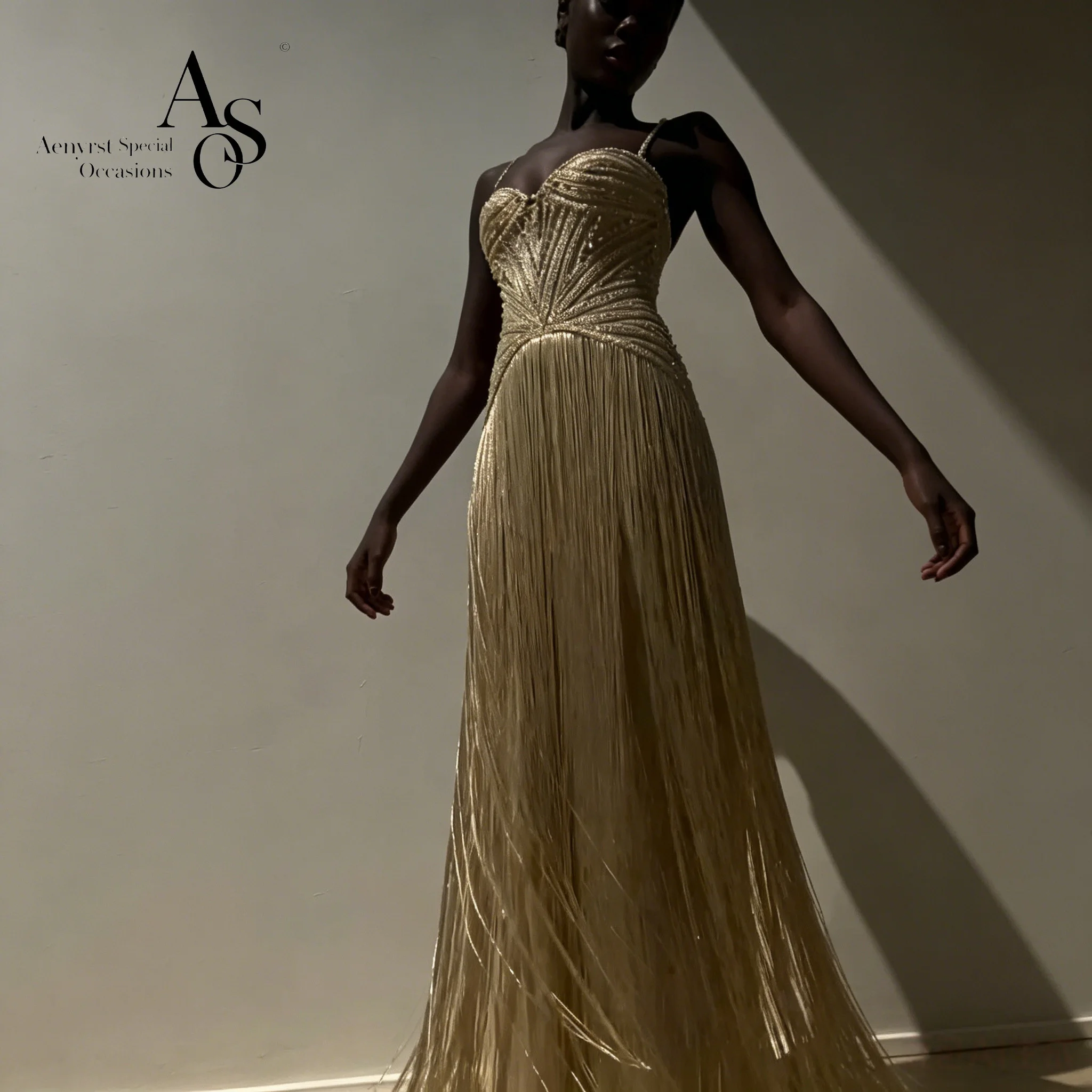 Gold strapless sleeveless maxi gown featuring beaded fringe detailing suitable for formal occasions and balls