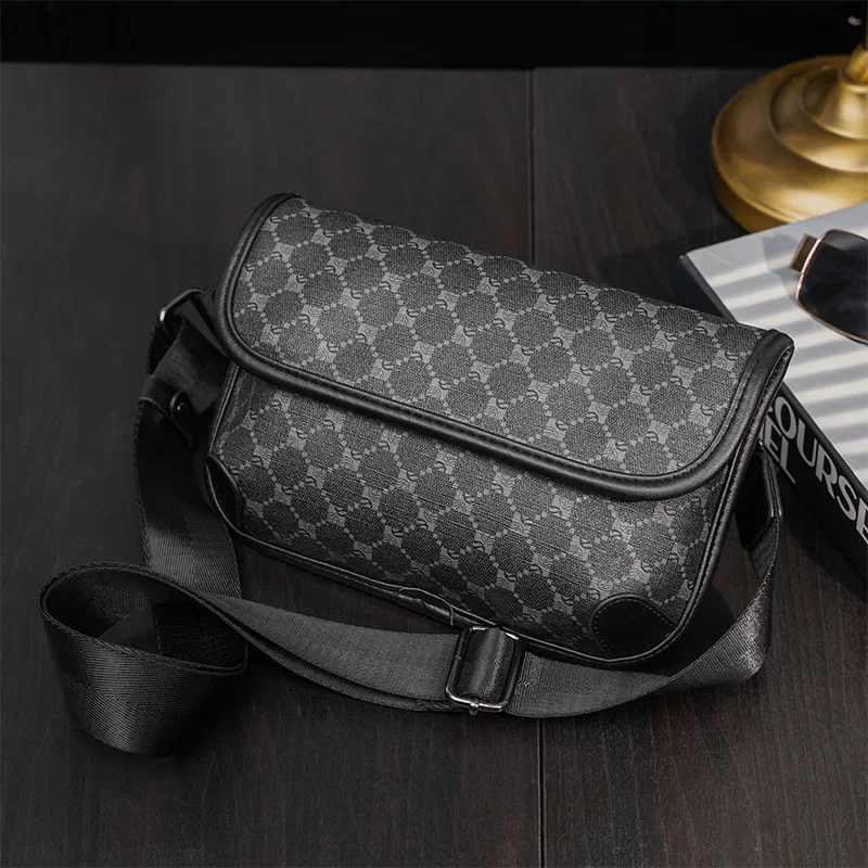 Fashion Plaid Shoulder Bag Men Crossbody Bag Brand Design PU Leather Business Square Messenger Bag Mobile Phone Bag Male Purses