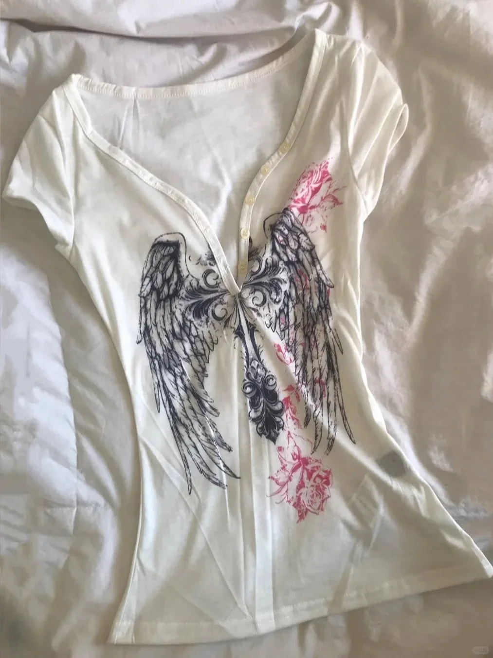 

Punk 90s Wing Graphic T shirts Harajuku 2000s Y2k Girl Shoujo Summer Short-sleeved Tee Korean Sweet Female Clothing Gothic Shirt