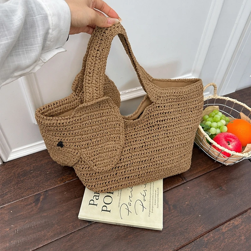 Elefantenförmige Raffia Handgewebte Strohtasche, Damen Schultertasche, Sommer Strand Urlaub Seaside Casual Tragetasche, Leichtgewichtig – Detail 10