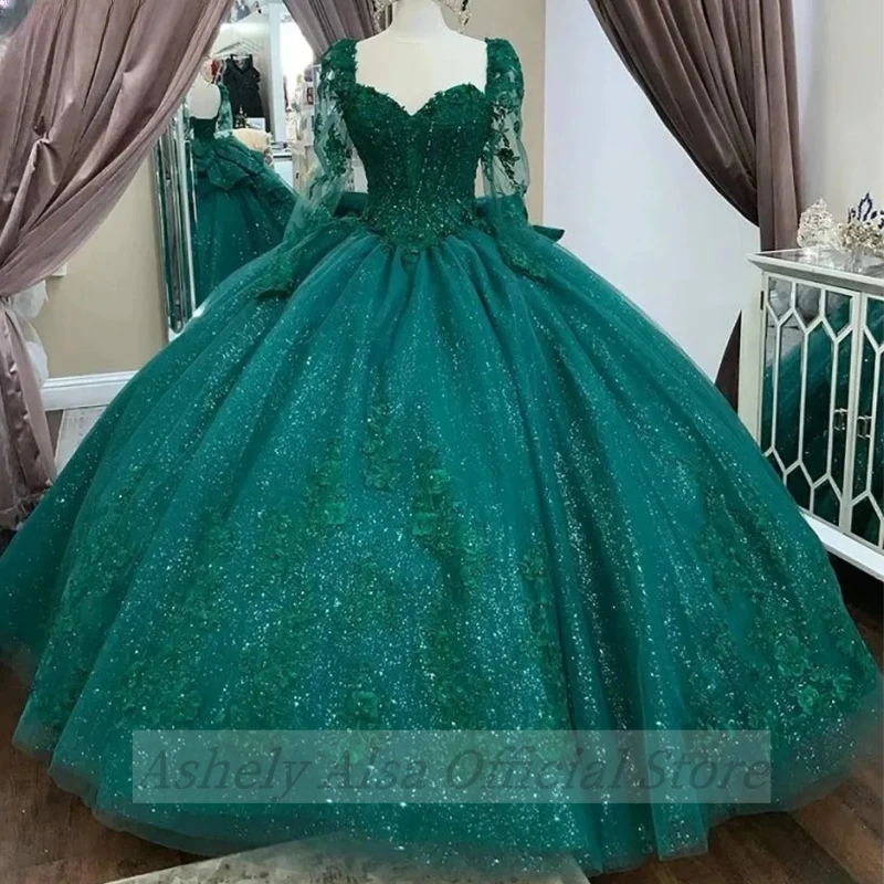 Custom Made Emerald Green Long Sleeve Quinceanera Dress Ball Gown Lace Sweet 16 15 Prom Birthday Party Wear Vestidos De XV Anos