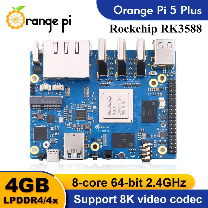 Orange Pi 5 Plus 4 ГБ ОЗУ Одноплатный компьютер RK3588 Модуль PCIE Внешний Wi-Fi6.0 + BT5.0 SSD Оранжевый Pi5 Plus Рабочий Android Debian