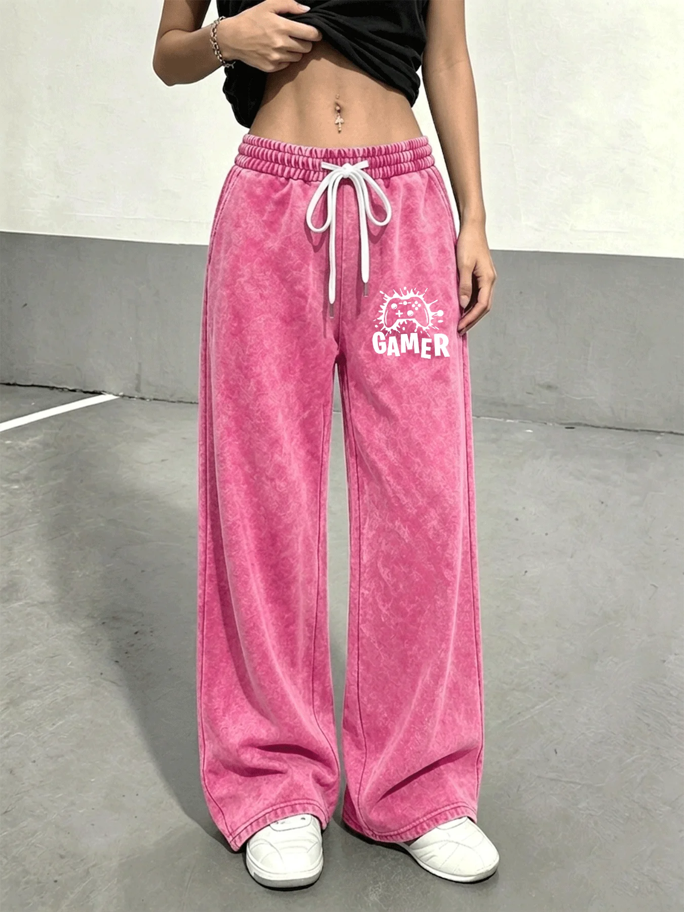 Vintage Washed Distressed Trousers for Women, Fashionable Comfortable Versatile Pants with Letter Print