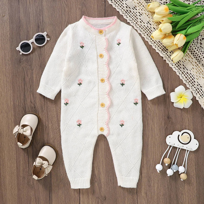 

Baby Girls Floral Rompers White Full Sleeve Knitted Newborn Infant Jumpsuits Outfits One Pieces Toddler Outwear Playsuits 0-18m