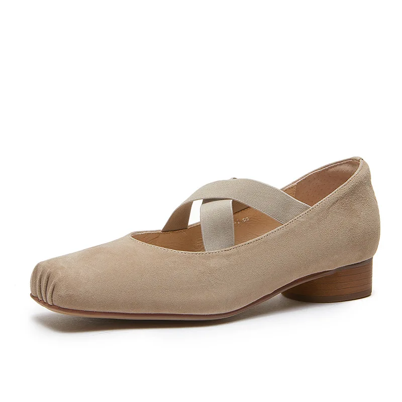 ALA Rising|LE-H Leather Handmade Pig Mouth Ballet Shoes With Cross Heel Sheepskin Mary Jane Women\'s Shoes With Square Head