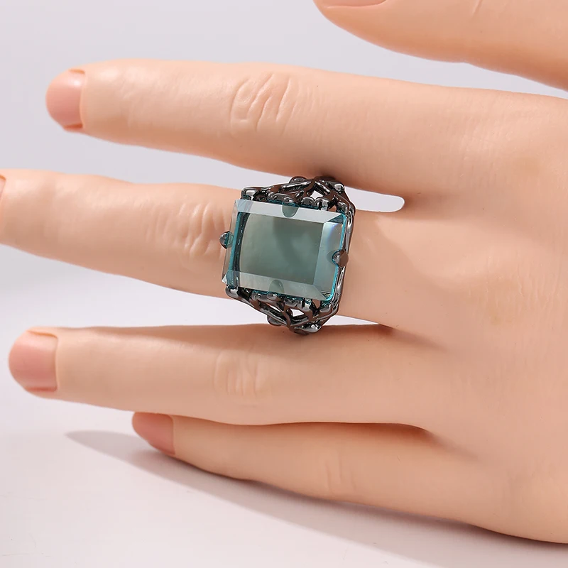 Vintage-Ring für Damen mit eingelegtem meerblauem CZ, ethnisch, schwarz, handgeschnitzt, hohl, für den Alltag, Party-Schmuck, Jubiläumsgeschenk – Detail 1