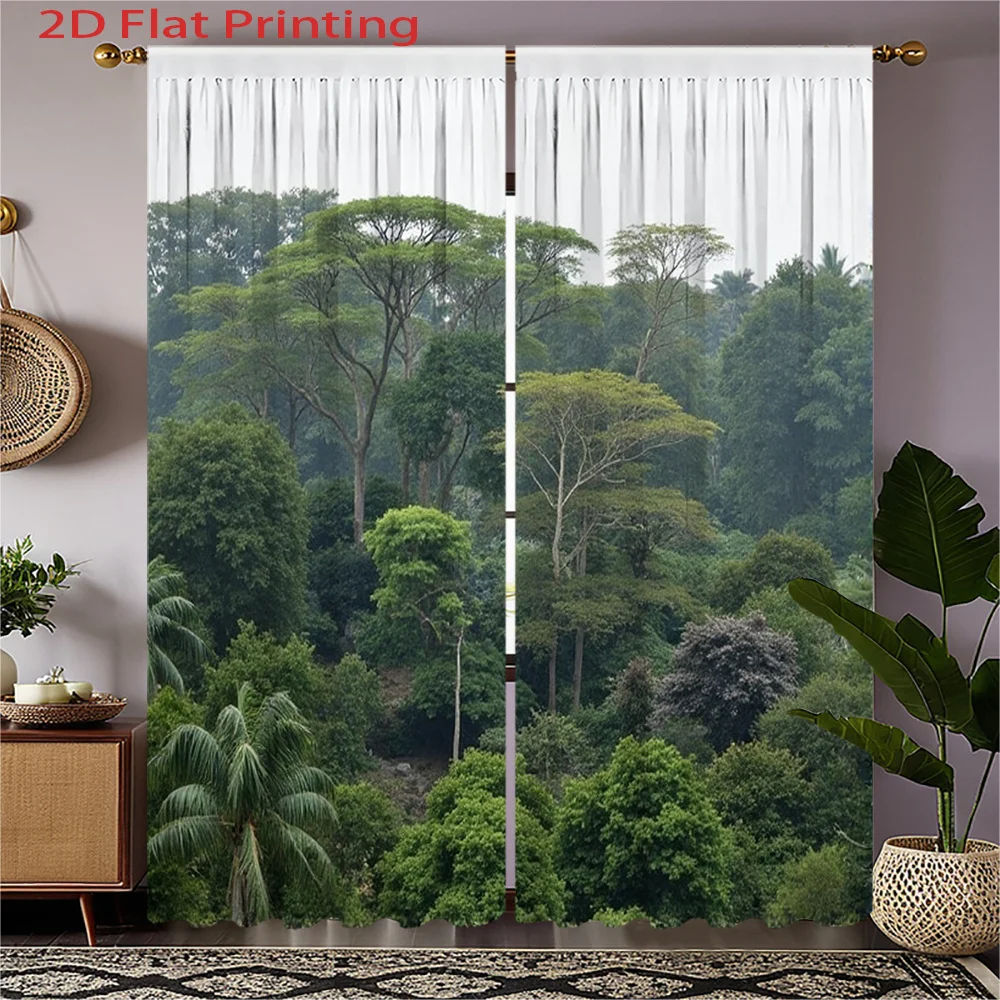 2D Flat, 2pcs Tropical Rainforest Jungle Window Curtains - Heavyweight Textured Fabric, Semi-Sheer Privacy Drapes wit