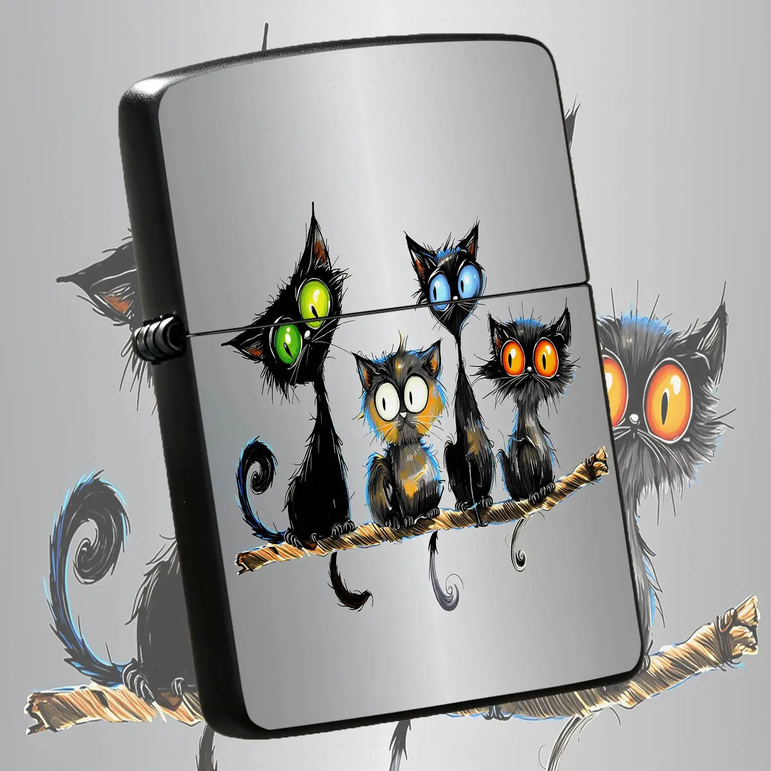 Whimsical Cartoon 4 Fluffy Kittens Lighter, Hand-Drawn Big-Eyed Cat Family Sitting On Branch Pattern, Portable Stylish Igniter For Daily Use, Exquisite Unique Present For Friends And Collectors For All Occasions A Humorous And Interesting L