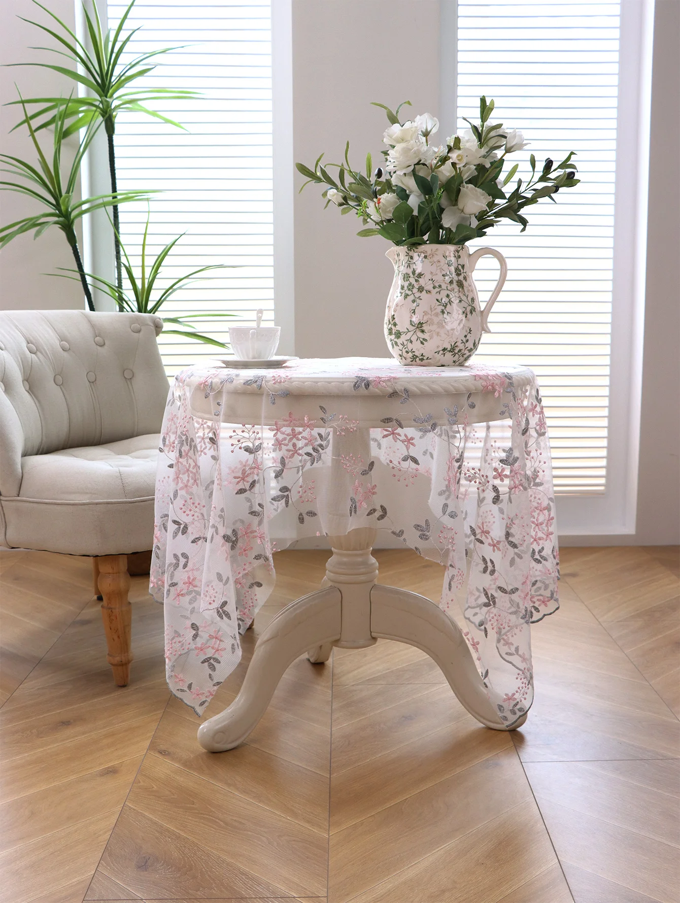 Rosa Blumenstickerei Spitze Tischdecke Outdoor Picknick Tischdecke Wohnzimmer Küche Couchtisch Dekoration