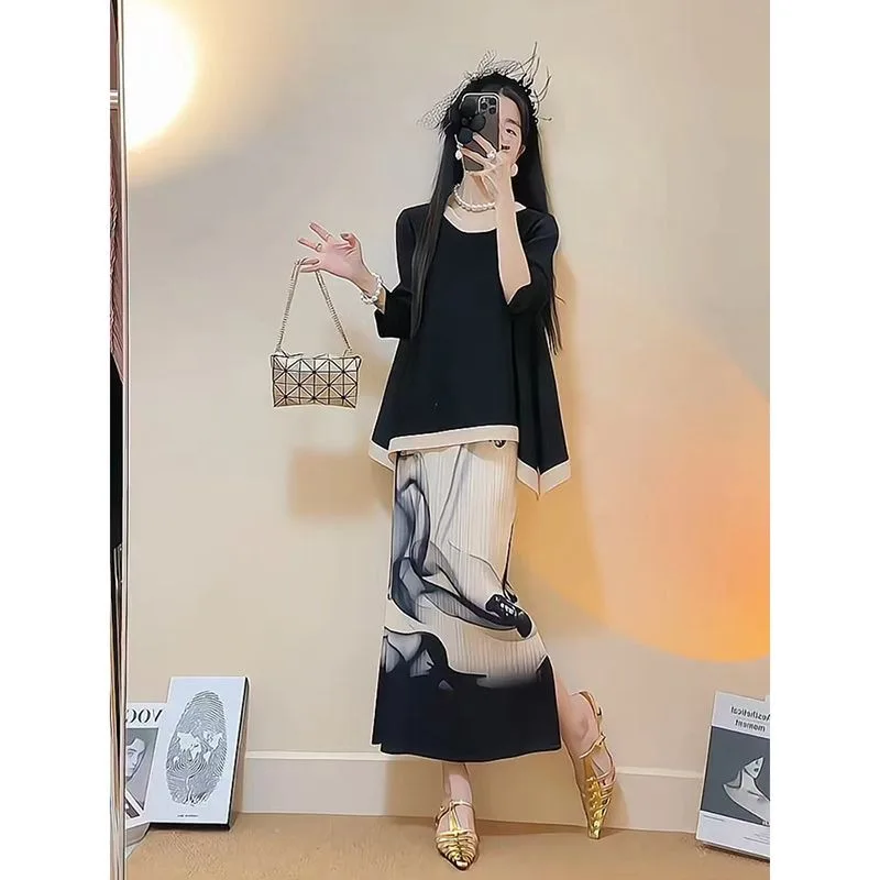 Summer Women's Skirt Two-Piece Set Ink Wash Print New Arrival Minimalist Loose Fit Fashionable Slimming Niche Versatile Casual
