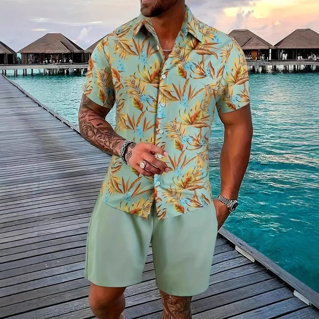 

2025 Trendy Men s Short Sleeve Shirt Set 3D Printed Casual Shirt Shorts