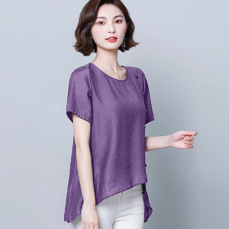 TingYiLi Button-Trim Irregular High Low Cotton Linen Blouse Women Summer Casual Loose Tunic Korean Style Elegant Navy Purple Top