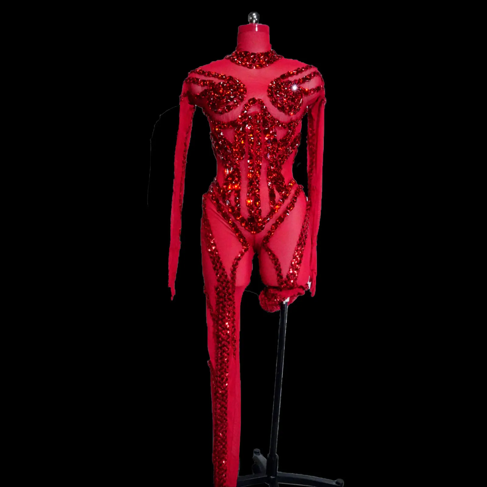 

Наряд для вечеринки для шоу девушки, роскошный сексуальный танцевальный костюм Gogo с кристаллами, красный комбинезон с блестками Ds, клубный купальник для вечеринки, дня рождения, костюм Drag Queen