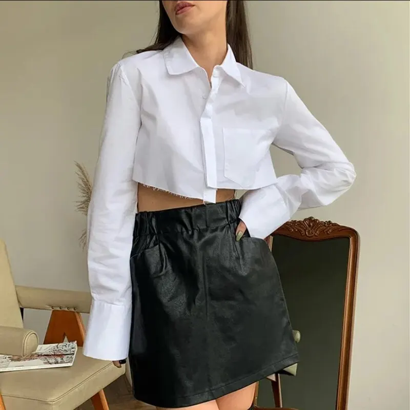 Women Crop Shirt Turn Down Collar Exposed Navel Solid Color Irregular Design Spring Clothing